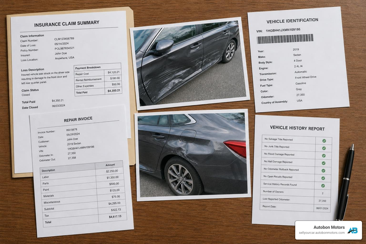 claim documents repair invoice photos VIN and vehicle history report for diminished value