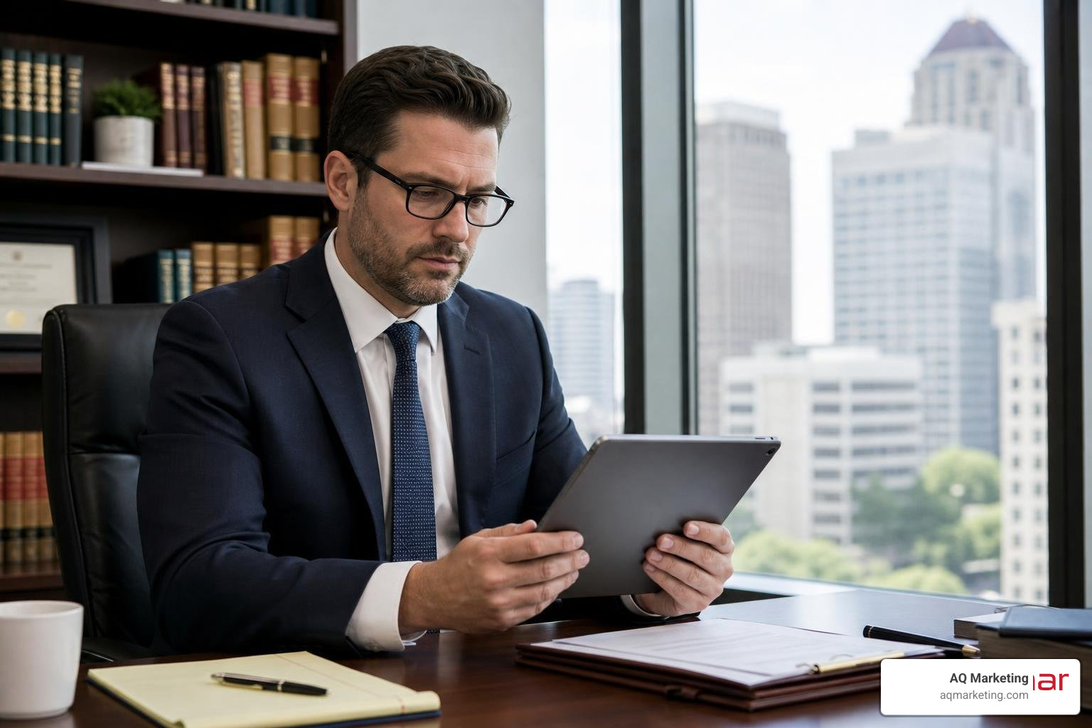 A legal professional reviewing a panel counsel application on a tablet in a modern office A legal professional reviewing a panel counsel application on a tablet in a modern office
