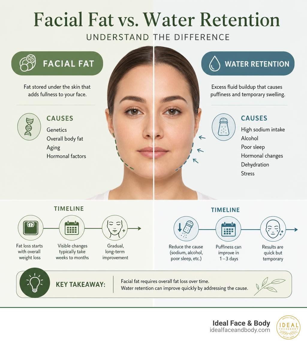 Infographic showing the difference between facial fat and water retention, including causes and timelines for each Infographic showing the difference between facial fat and water retention, including causes and timelines for each