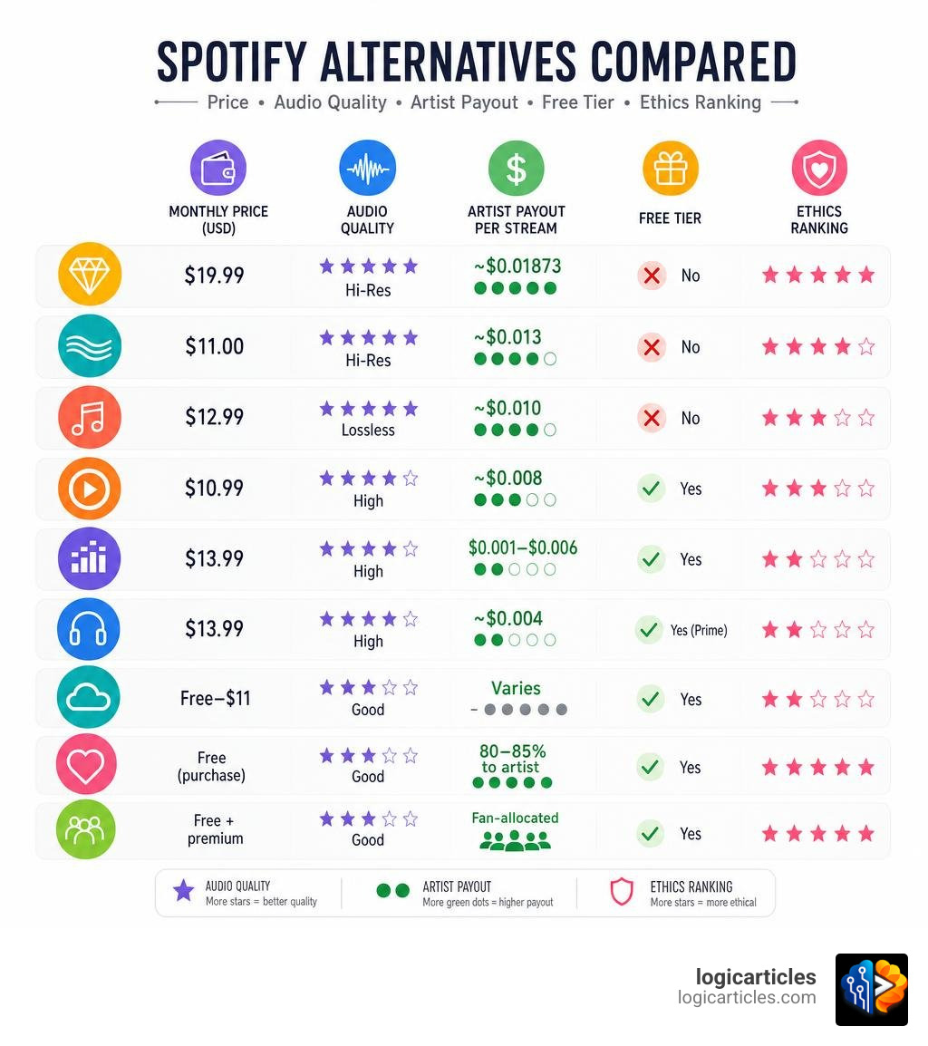 Comparison infographic of Spotify alternatives by price, audio quality, artist payout, free tier, and ethics ranking Comparison infographic of Spotify alternatives by price, audio quality, artist payout, free tier, and ethics ranking