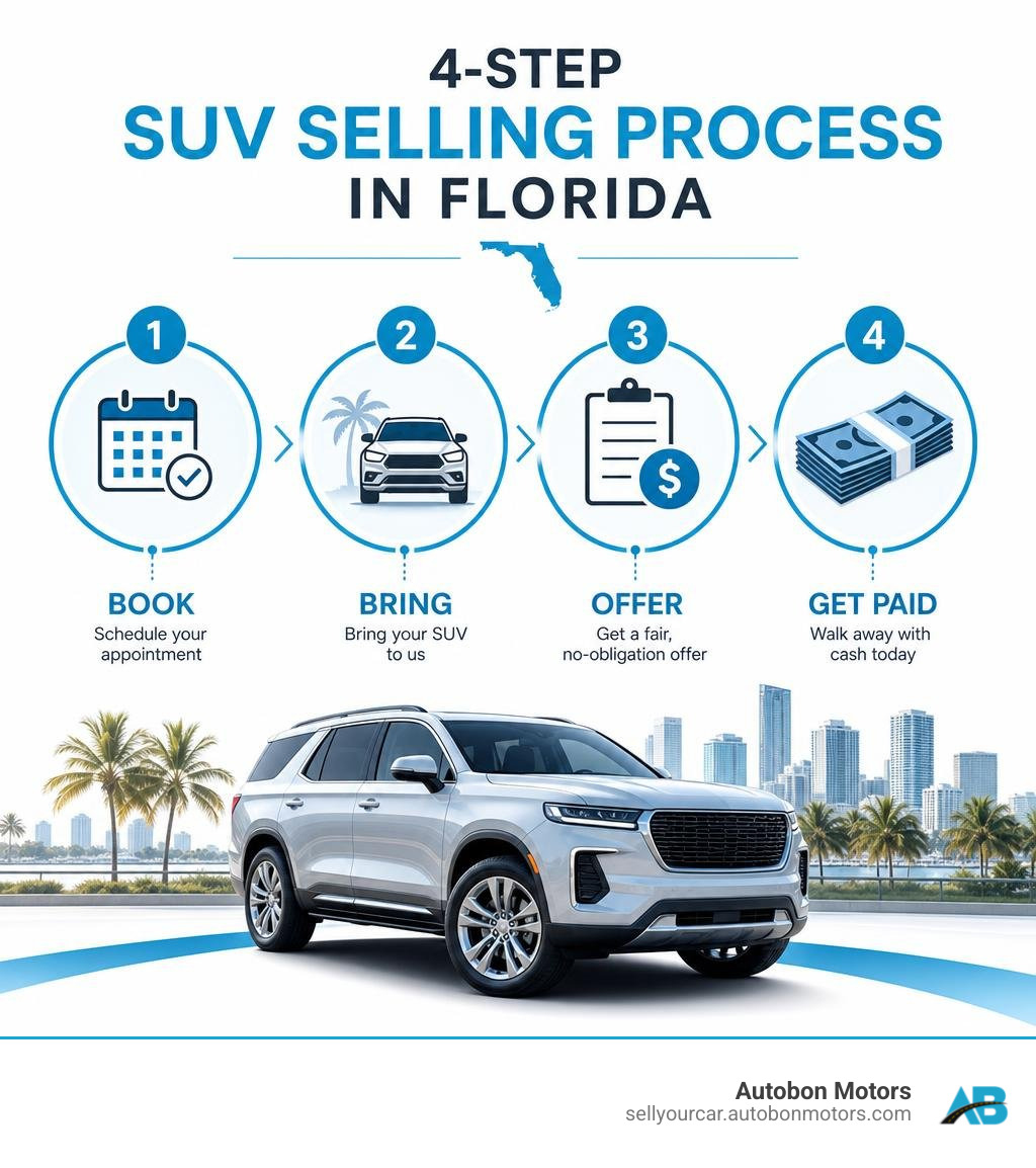 Infographic: 4-step Autobon Motors SUV selling process in Florida book, bring, offer, get paid infographic Infographic: 4-step Autobon Motors SUV selling process in Florida book, bring, offer, get paid infographic