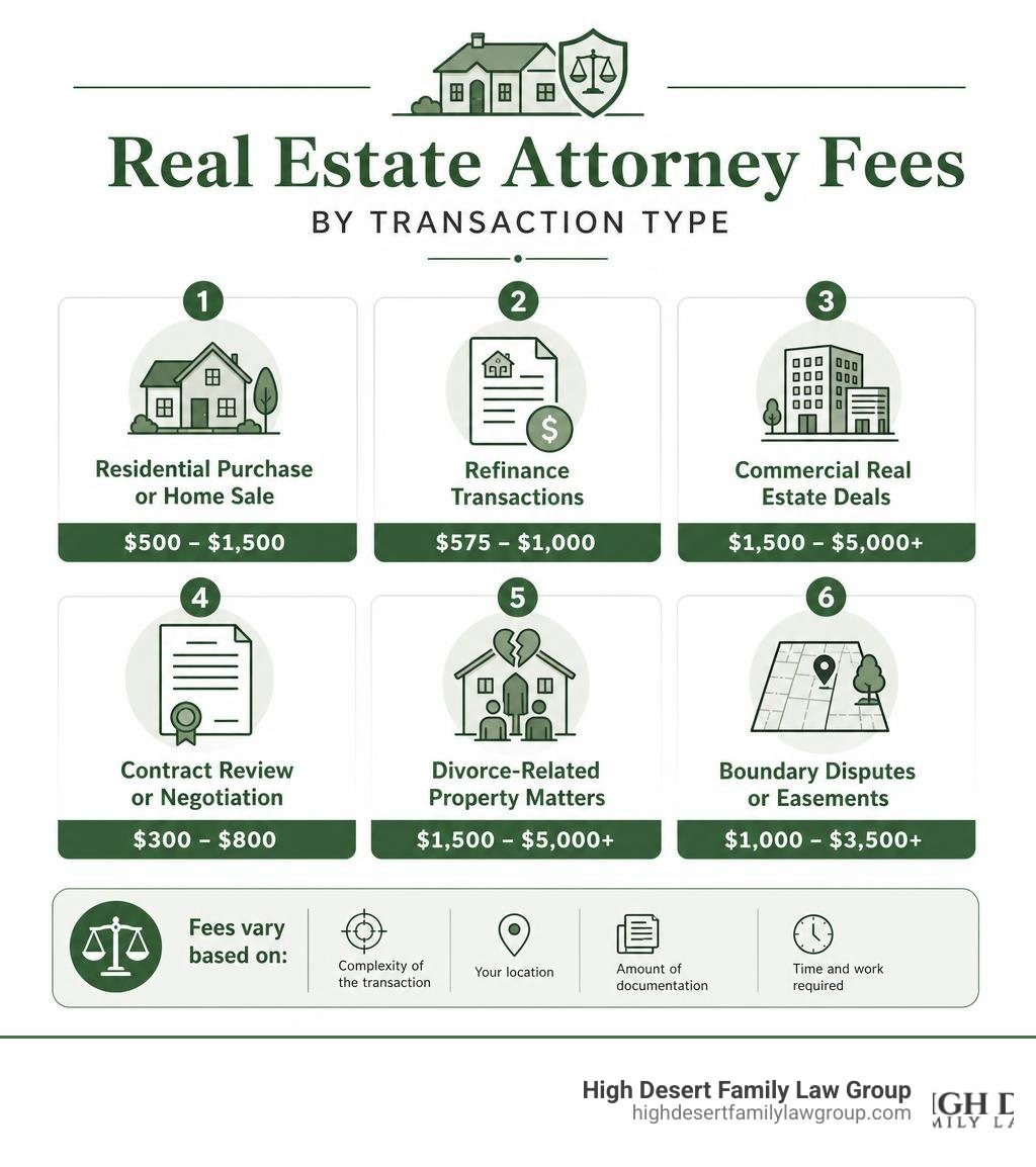 A breakdown of real estate attorney fees across different types of transactions infographic
