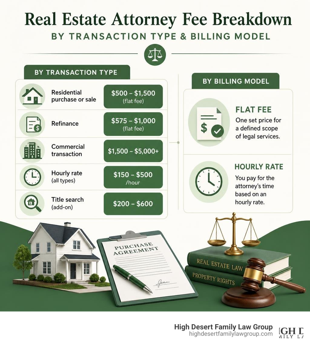 Real estate attorney fee breakdown by transaction type and billing model infographic