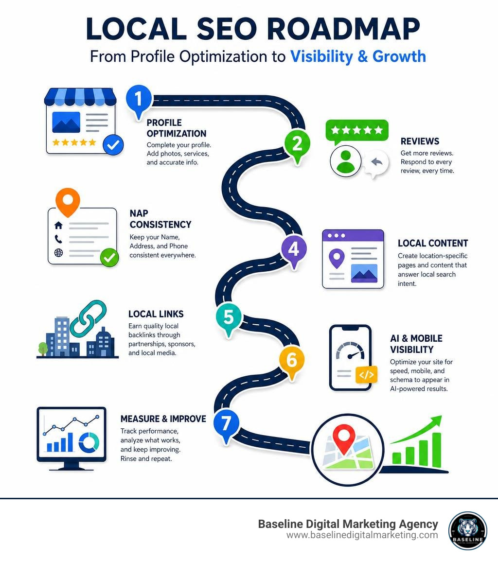 Local SEO roadmap from profile optimization to reviews, content, links, AI visibility, and measurement infographic Local SEO roadmap from profile optimization to reviews, content, links, AI visibility, and measurement infographic
