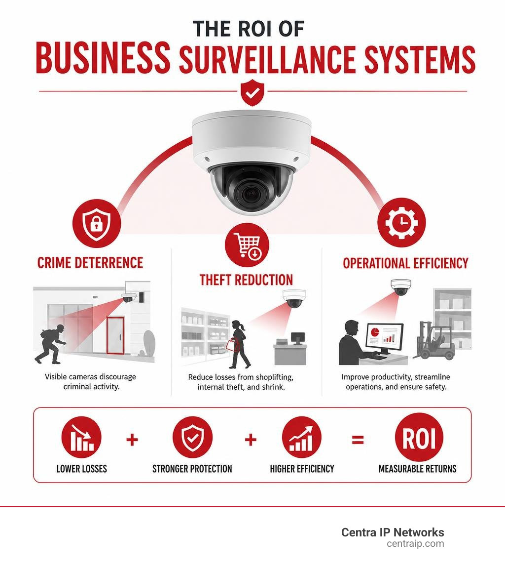 ROI of commercial business surveillance systems: crime deterrence, theft reduction, operational efficiency infographic ROI of commercial business surveillance systems: crime deterrence, theft reduction, operational efficiency infographic