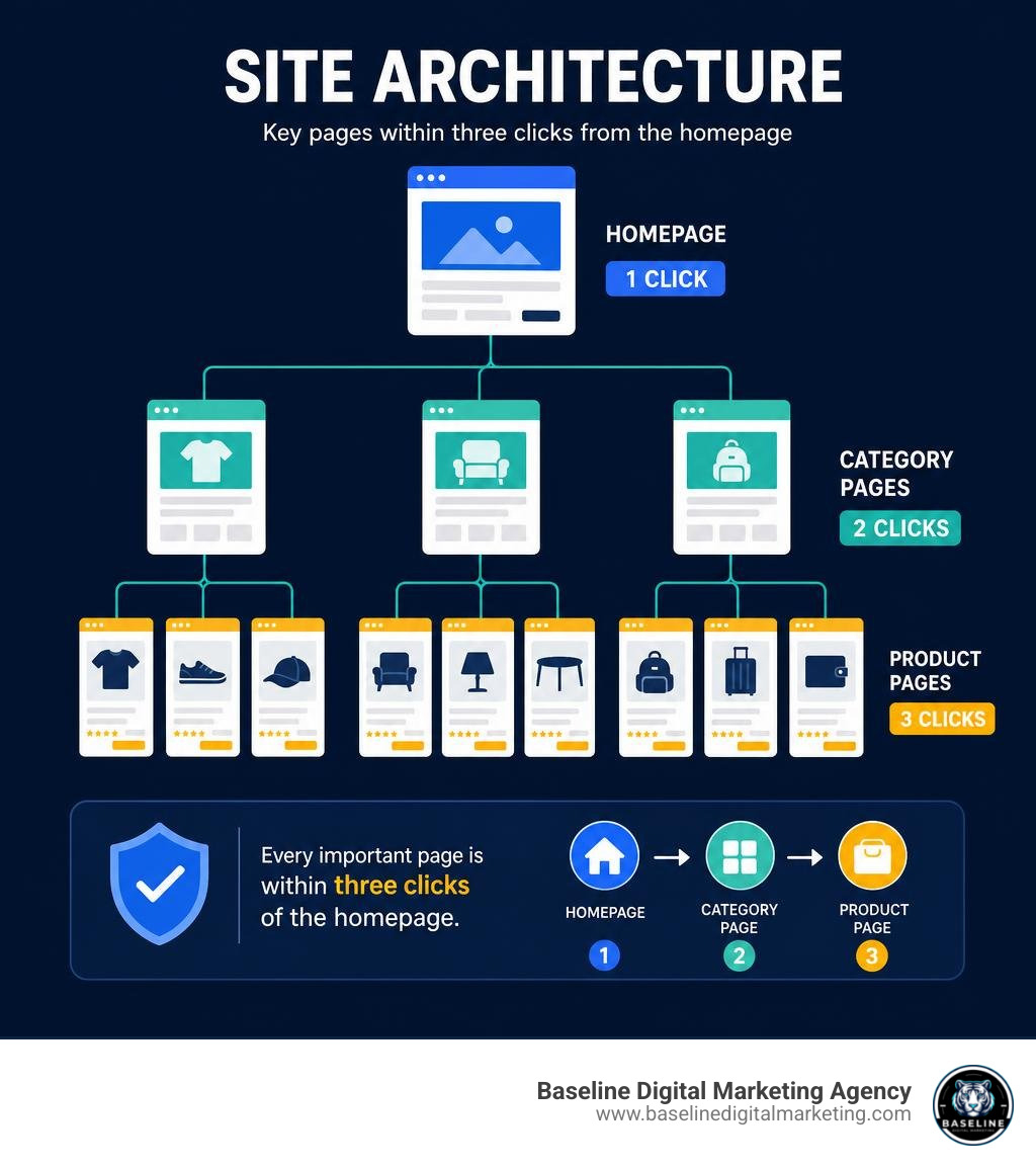 site architecture diagram showing homepage linking to category pages and product pages within three clicks infographic
