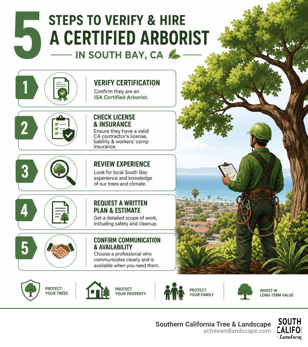 Infographic showing 5 steps to verify and hire a certified arborist in South Bay CA infographic