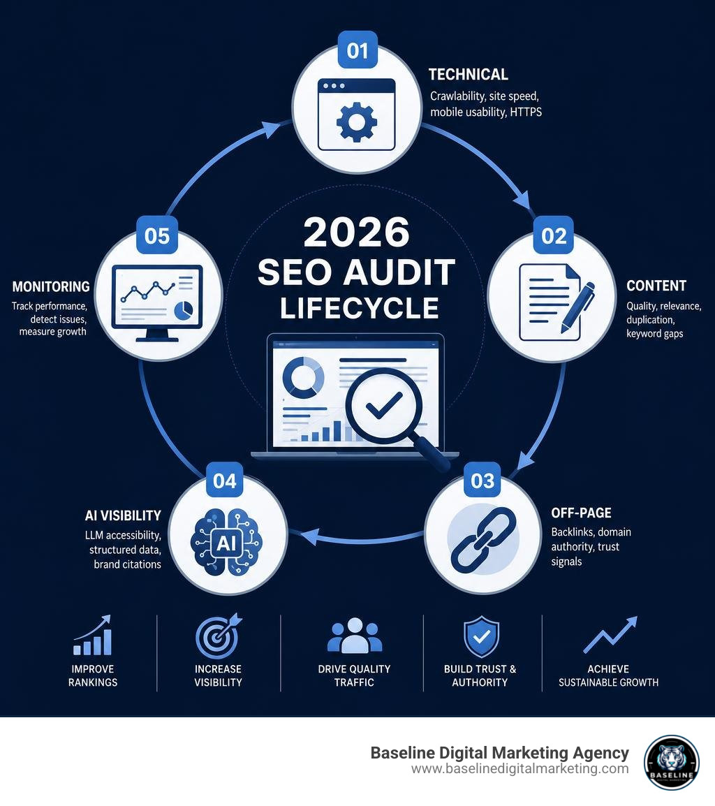 2026 SEO audit lifecycle showing technical, content, off-page, AI visibility, and monitoring phases infographic
