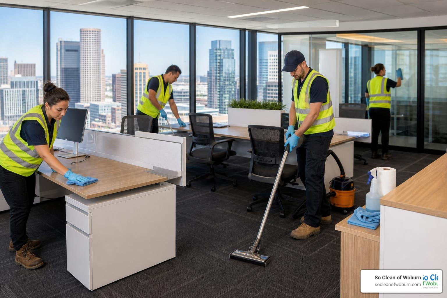 Post-construction office cleanup crew preparing a Greater Boston workspace Post-construction office cleanup crew preparing a Greater Boston workspace