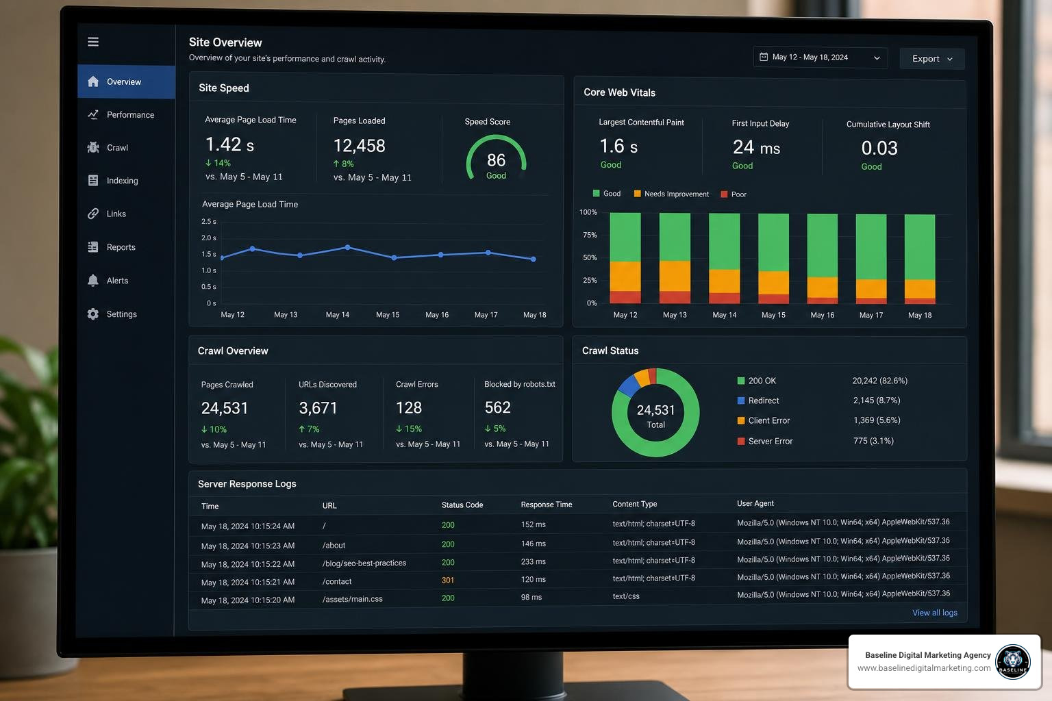 technical crawl analysis showing site speed metrics and crawling logs
