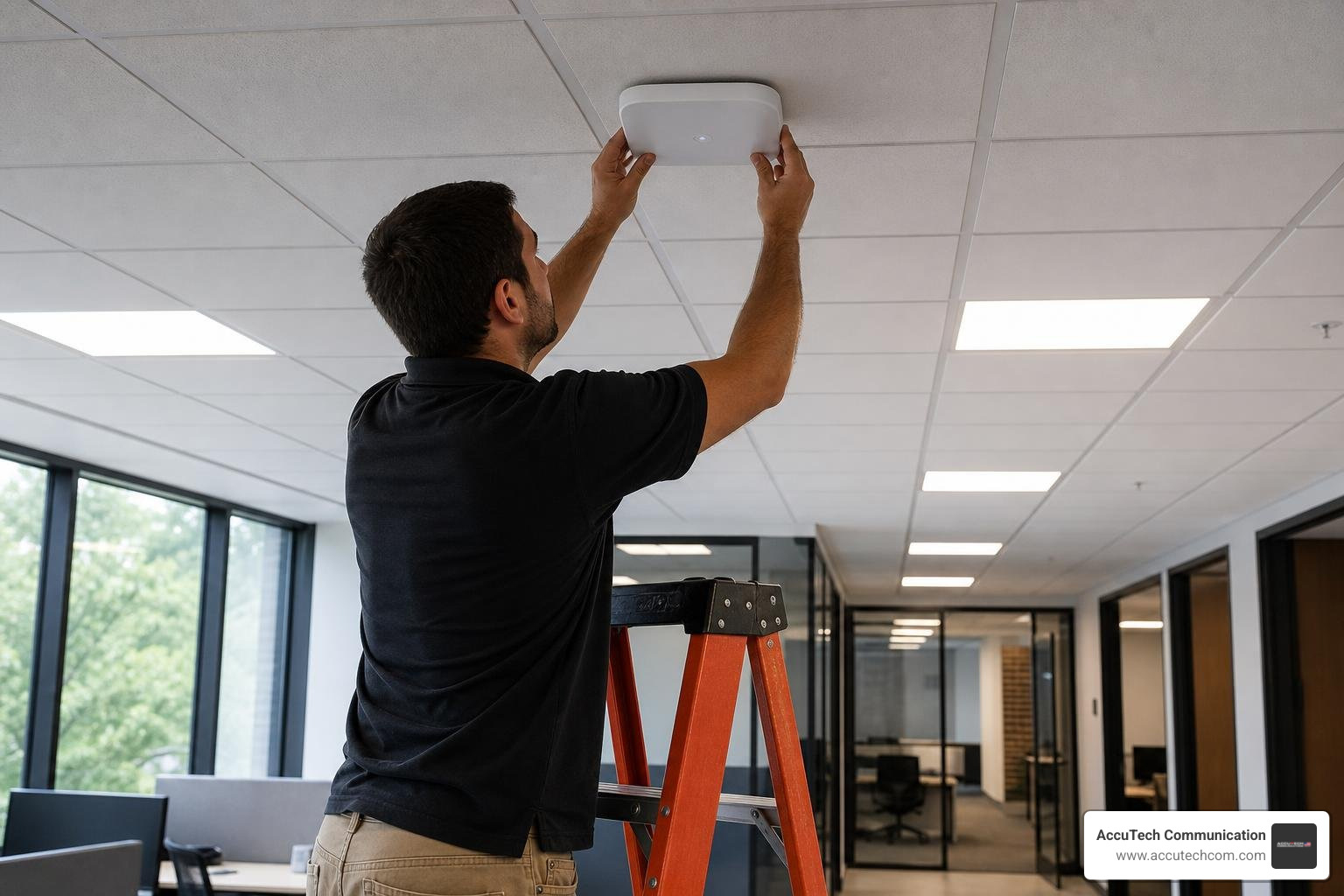 Technician mounting an enterprise-grade wireless access point on an office ceiling