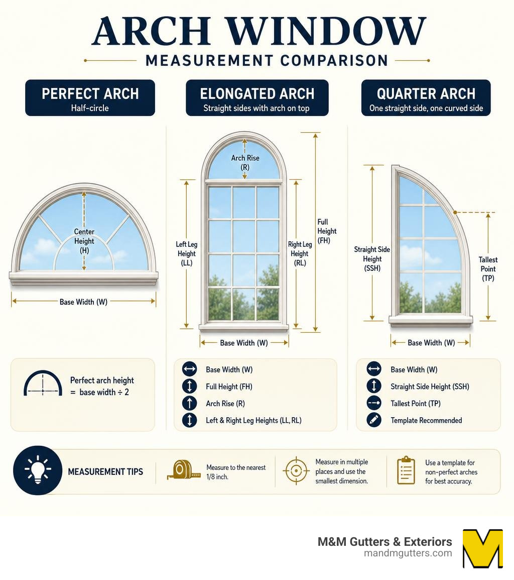 infographic comparing perfect arch, elongated arch, and quarter arch measurements infographic
