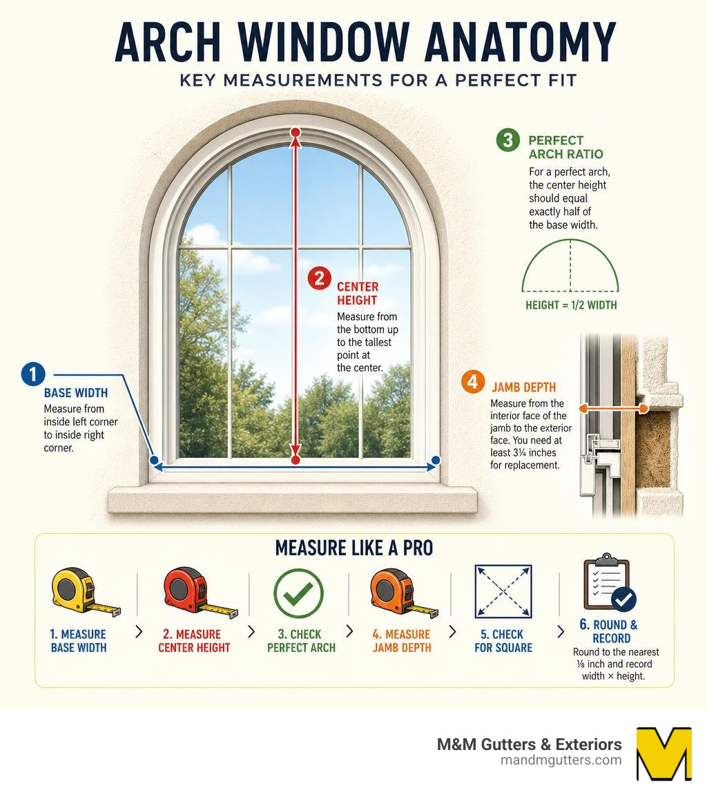 infographic showing arch window anatomy with labeled measurements: base width, center height, jamb depth, and perfect arch