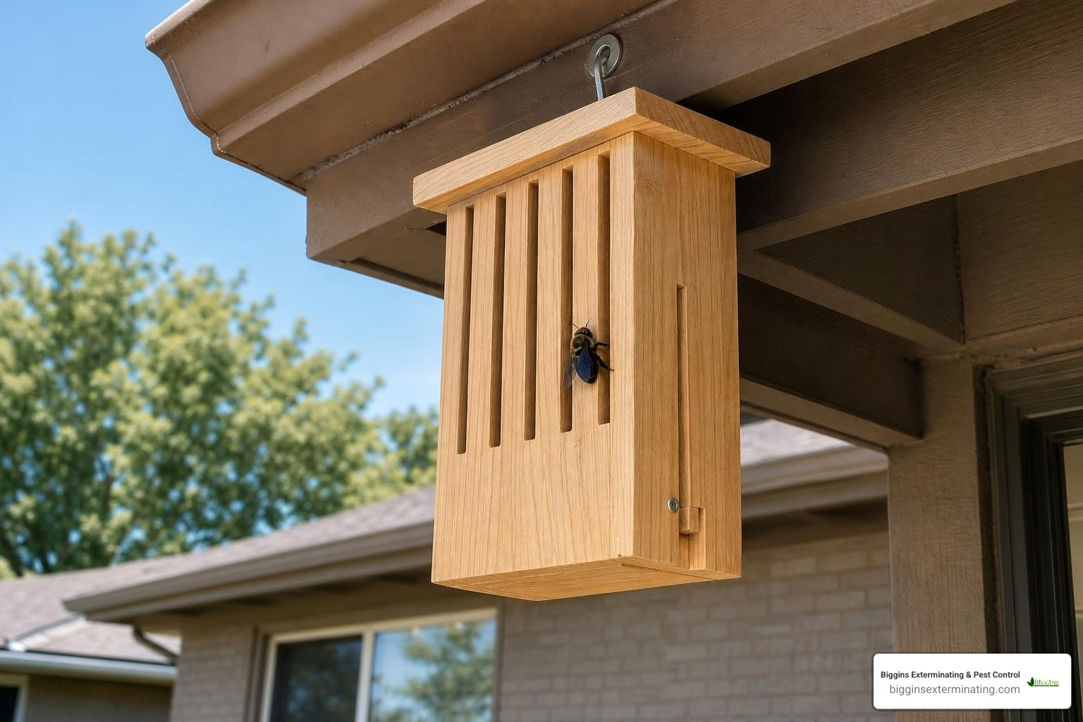 A wooden carpenter bee trap hanging strategically under a roof eave