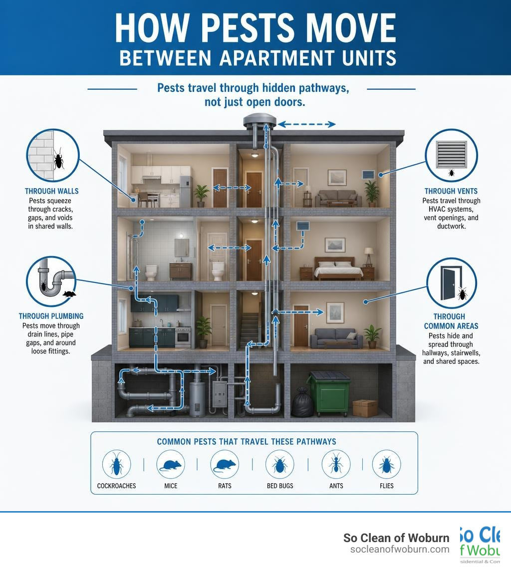 How pests move between apartment units through walls, plumbing, vents, and common areas infographic How pests move between apartment units through walls, plumbing, vents, and common areas infographic