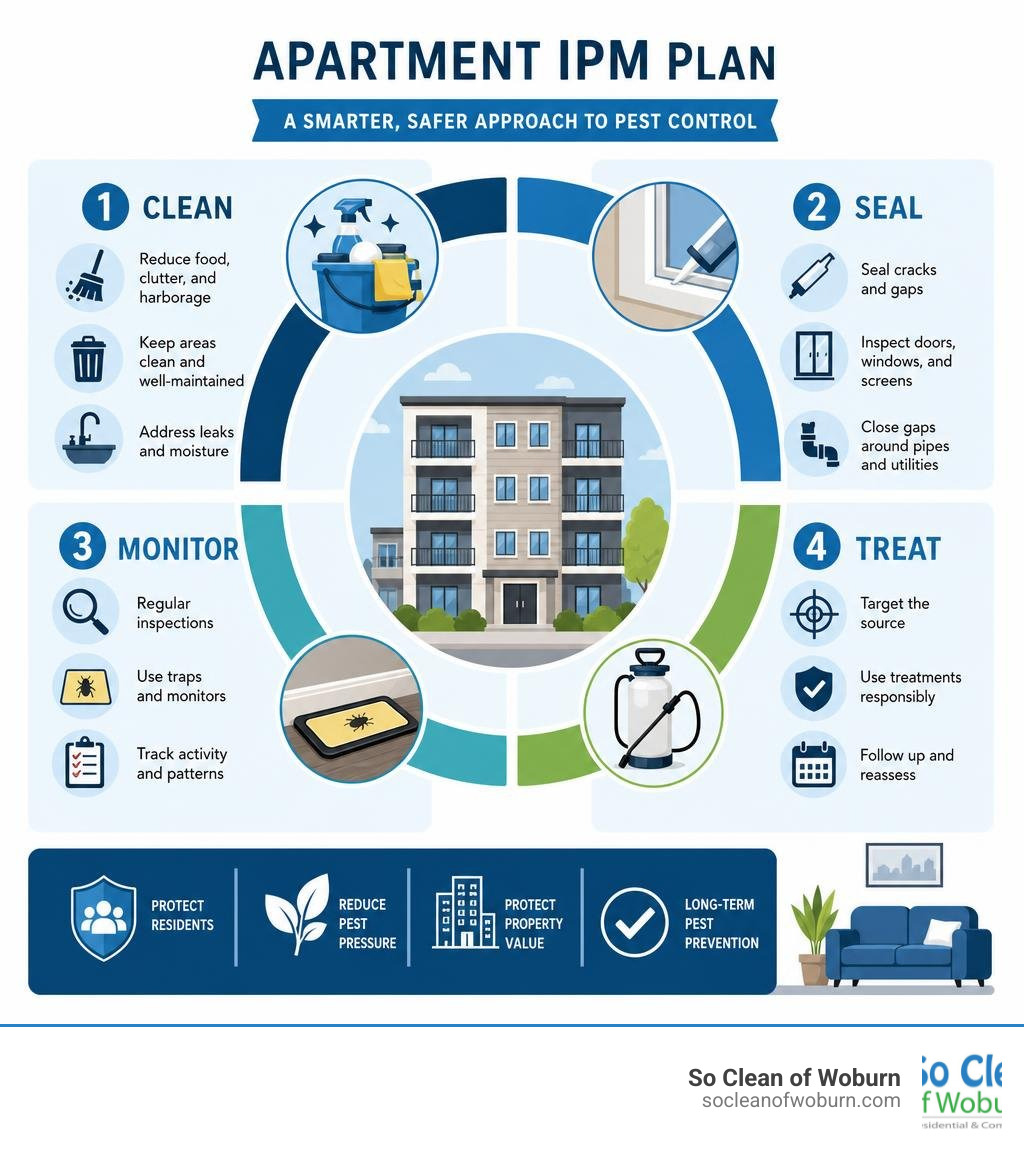 Apartment IPM plan with cleaning sealing monitoring and treatment steps infographic Apartment IPM plan with cleaning sealing monitoring and treatment steps infographic