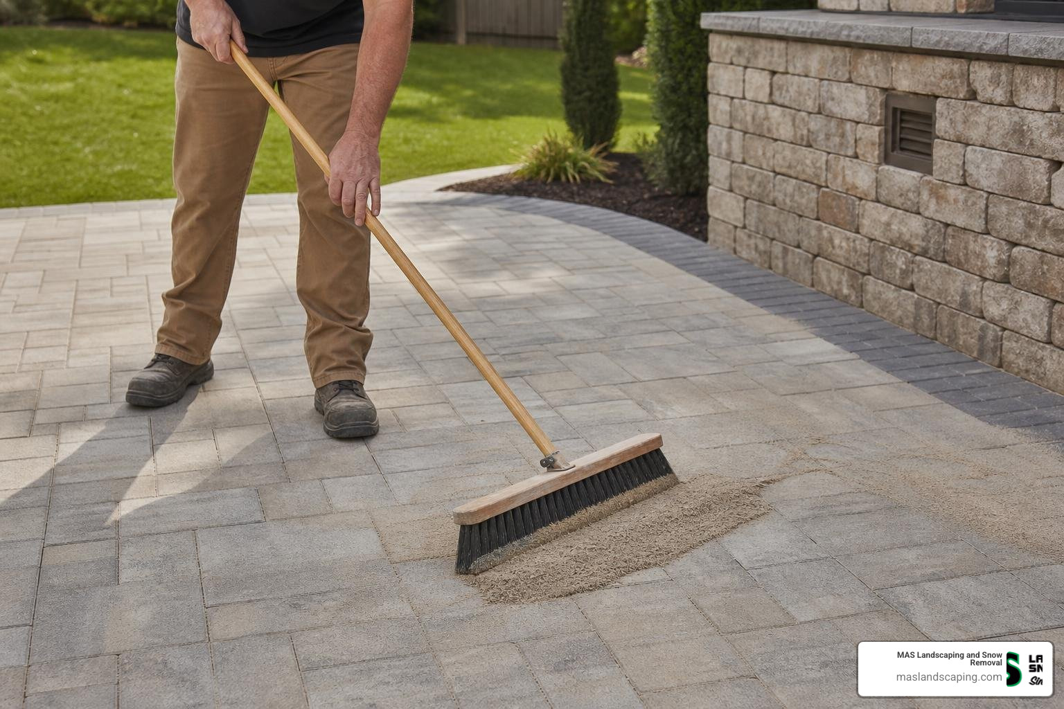 Sweeping polymeric sand diagonally across a dry paver patio