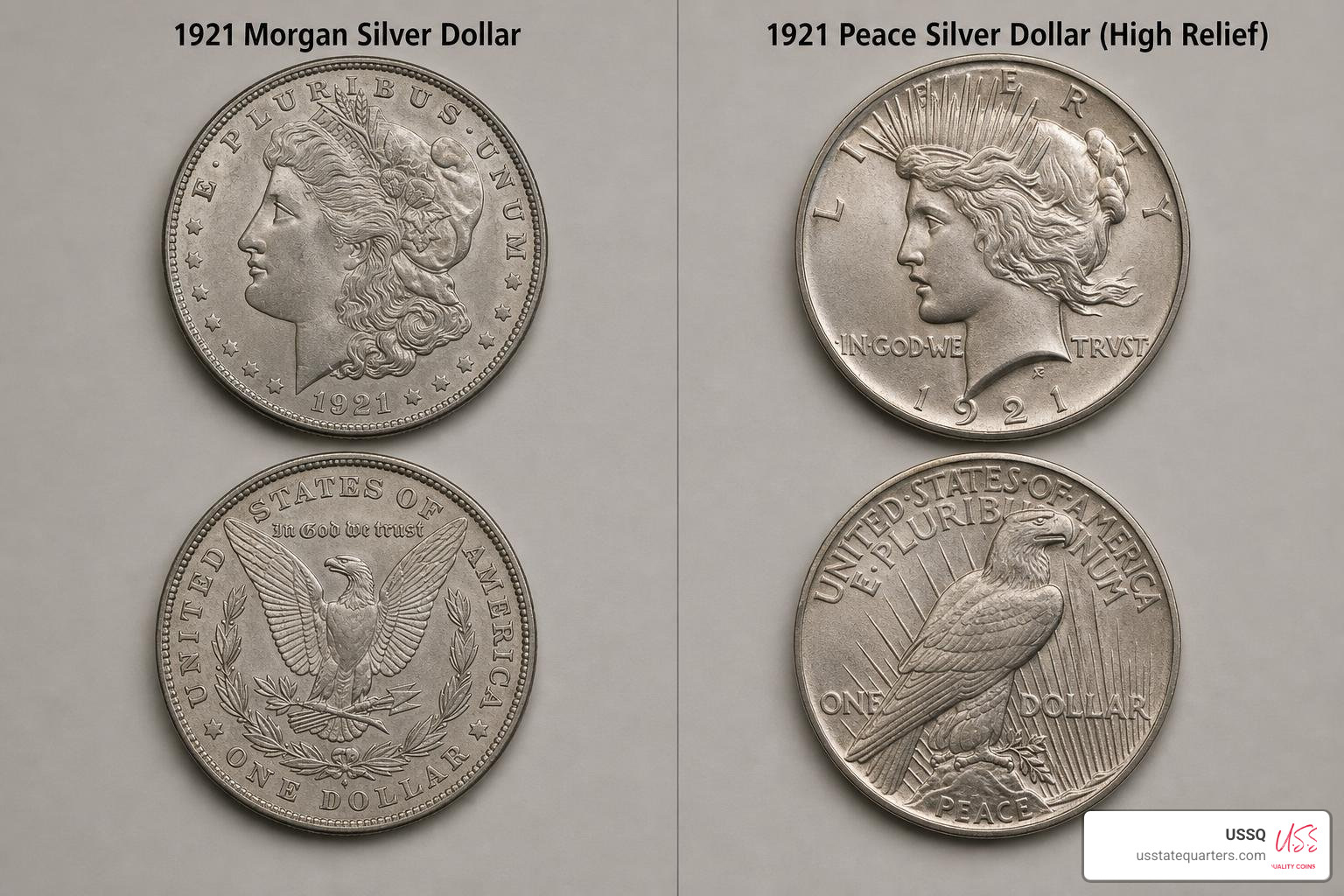 1921 Morgan Dollar and high relief 1921 Peace Dollar transition year comparison 1921 Morgan Dollar and high relief 1921 Peace Dollar transition year comparison