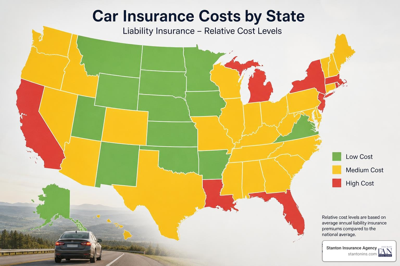 U.S. map highlighting low-, medium-, and high-cost states for liability car insurance U.S. map highlighting low-, medium-, and high-cost states for liability car insurance