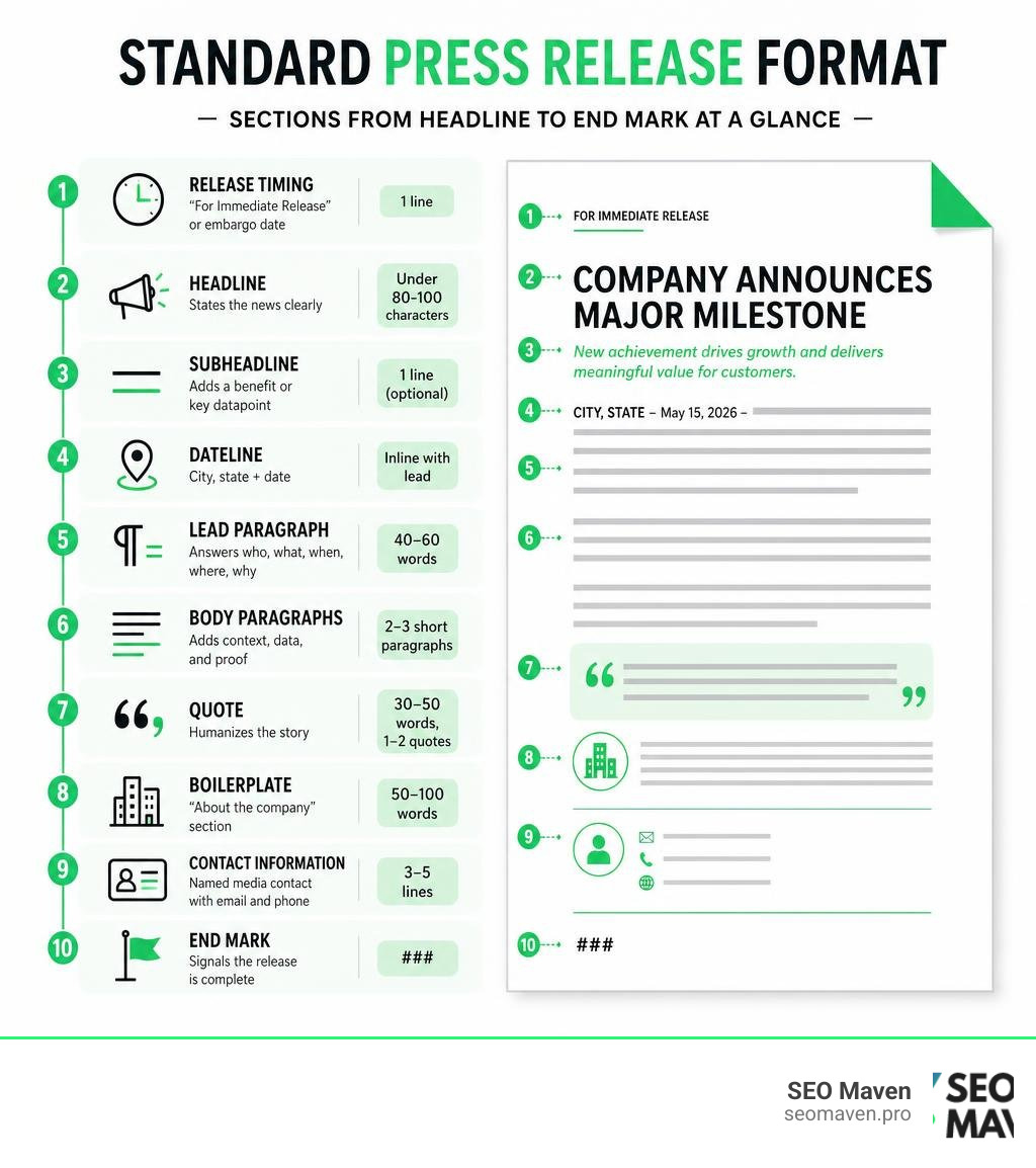 Standard press release format sections from headline to end mark at a glance infographic
