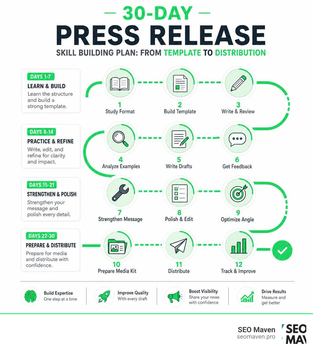 Thirty day press release skill building plan from template to distribution infographic
