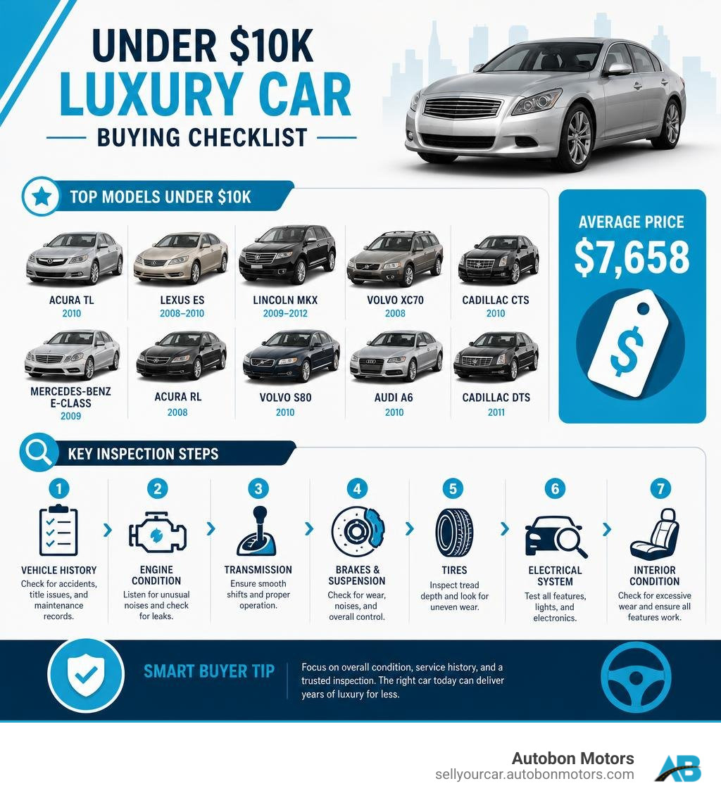 Infographic: Under $10k luxury car buying checklist with top models, average price $7658, and key inspection steps Infographic: Under $10k luxury car buying checklist with top models, average price $7658, and key inspection steps