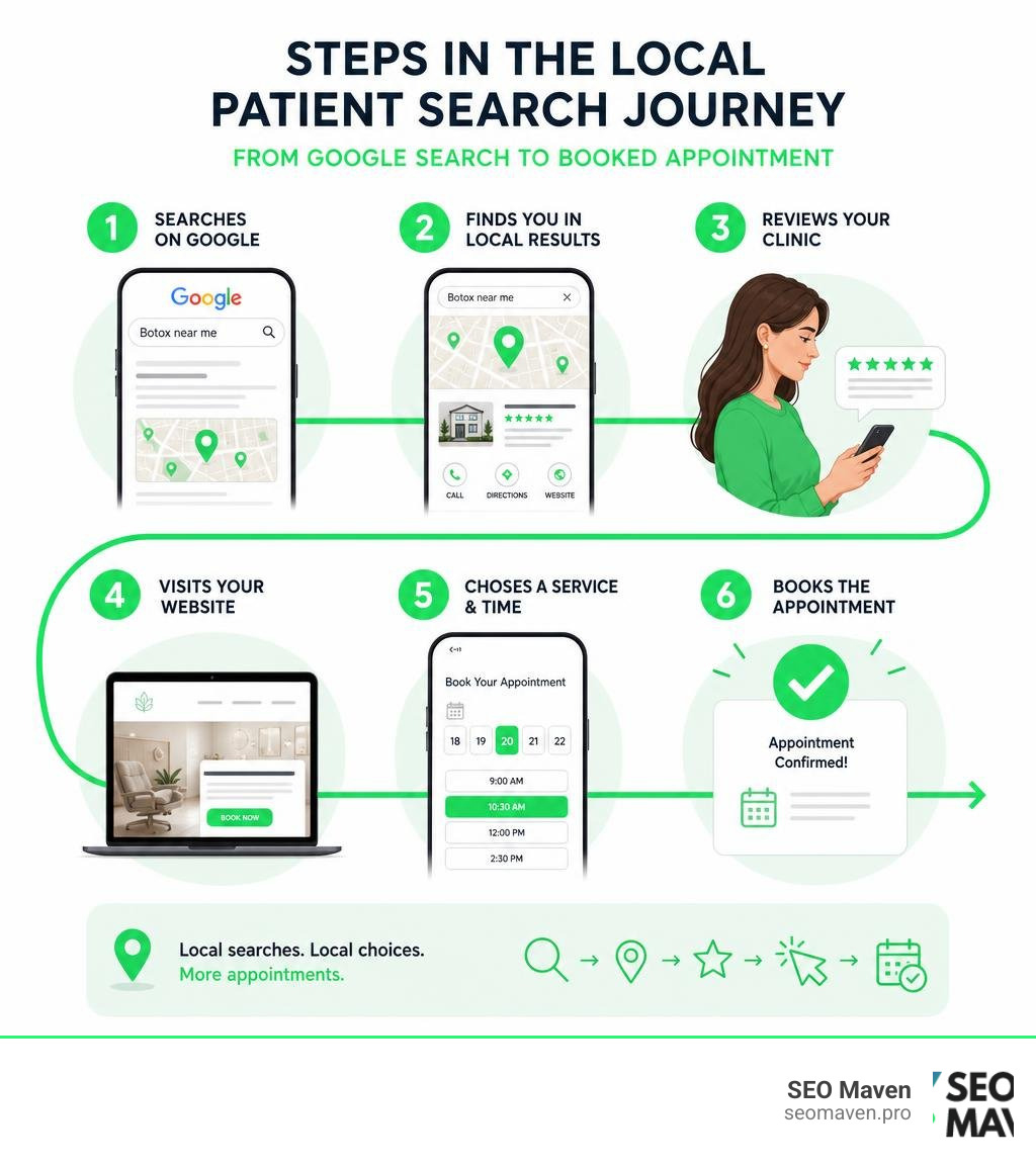 Steps in the local patient search journey from Google search to booked appointment infographic Steps in the local patient search journey from Google search to booked appointment infographic
