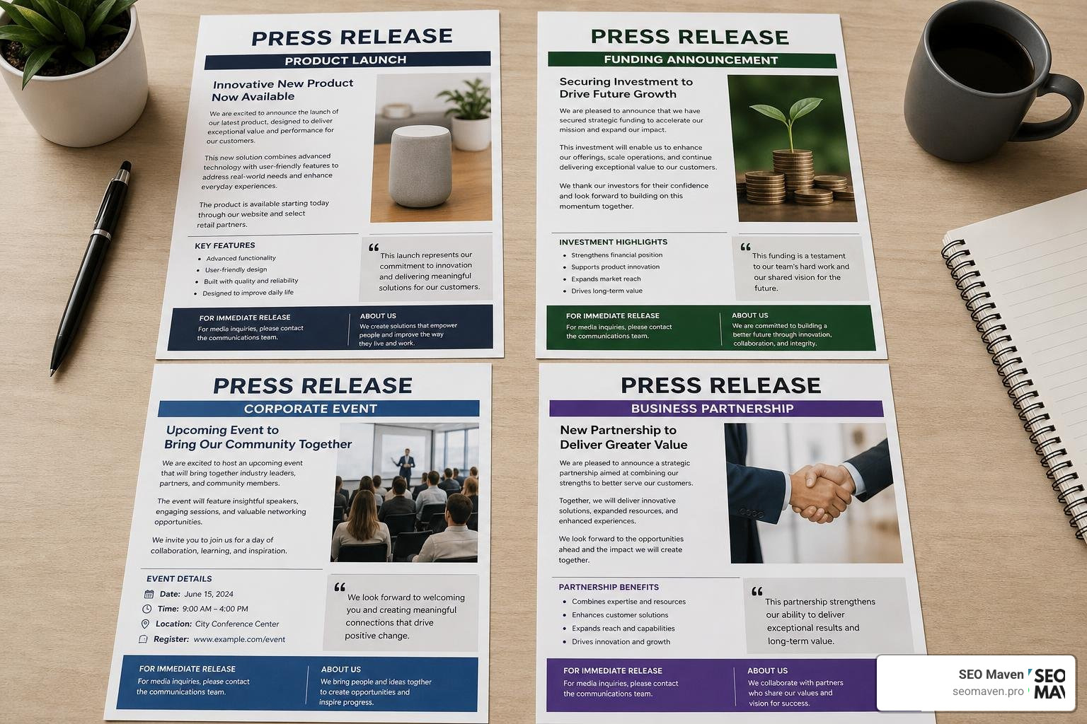 Four press release templates for product launch funding event and partnership