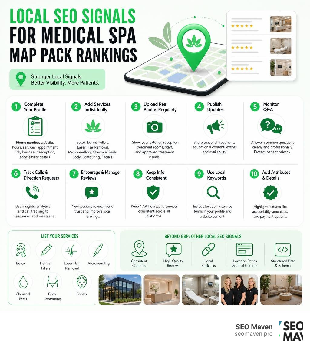 local SEO signals for medical spa map pack rankings infographic local SEO signals for medical spa map pack rankings infographic