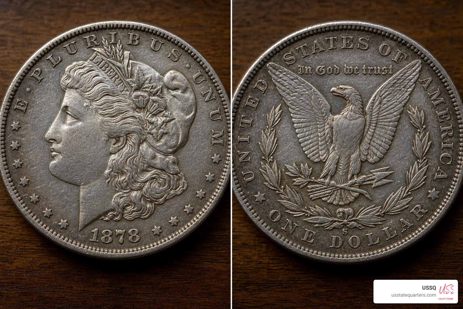 1878 Morgan Silver Dollar obverse and reverse with Liberty cap eagle arrows wreath 1878 Morgan Silver Dollar obverse and reverse with Liberty cap eagle arrows wreath