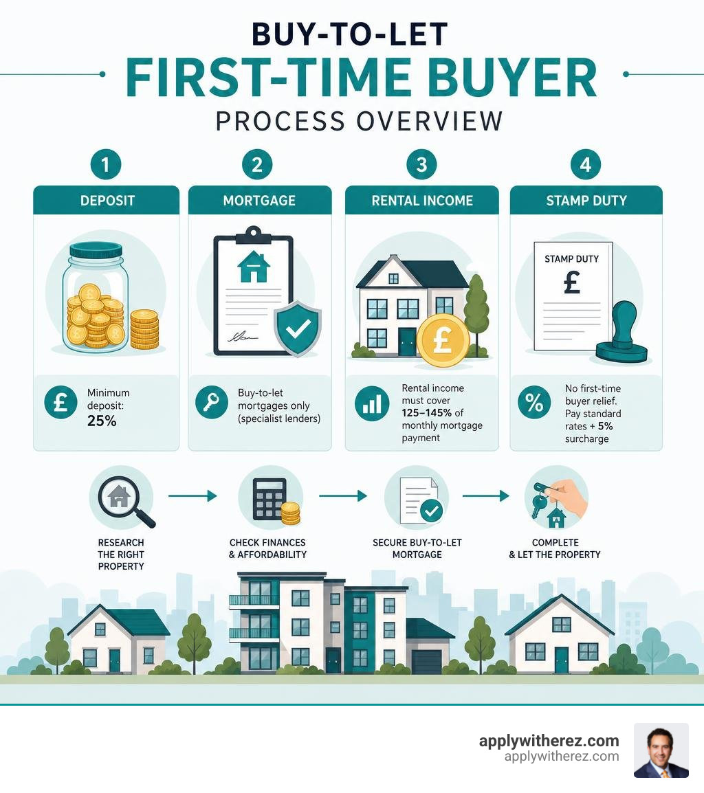 Buy-to-let first-time buyer process overview: deposit, mortgage, rental income, and stamp duty infographic Buy-to-let first-time buyer process overview: deposit, mortgage, rental income, and stamp duty infographic