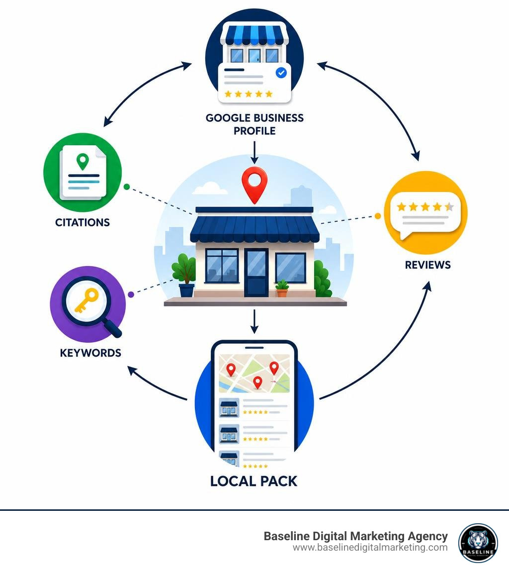 local seo ecosystem infographic showing Google Business Profile, citations, reviews, keywords, and local pack infographic