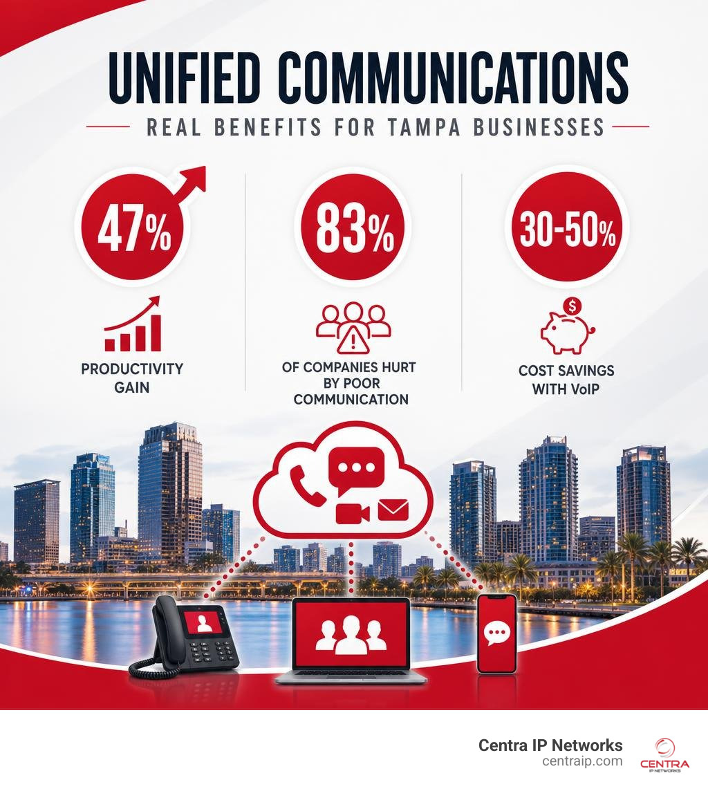 Infographic showing unified communications benefits: 47% productivity gain, 83% of companies hurt by poor communication Infographic showing unified communications benefits: 47% productivity gain, 83% of companies hurt by poor communication