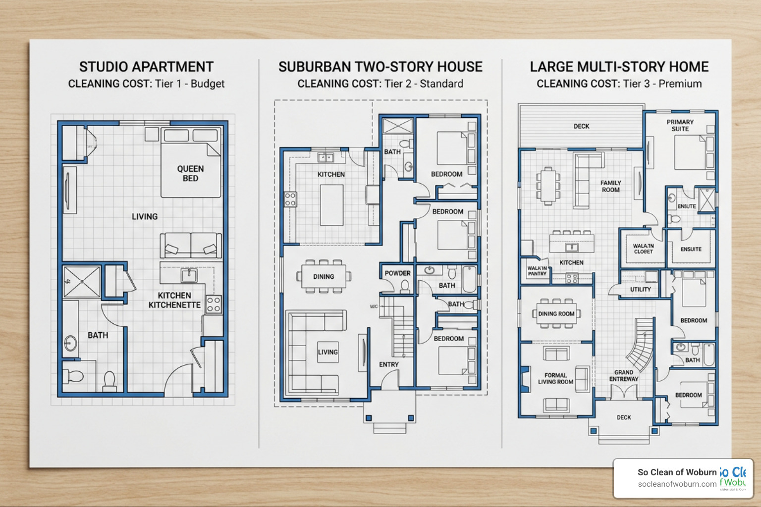 small medium and large home floor plans with cleaning cost tiers small medium and large home floor plans with cleaning cost tiers