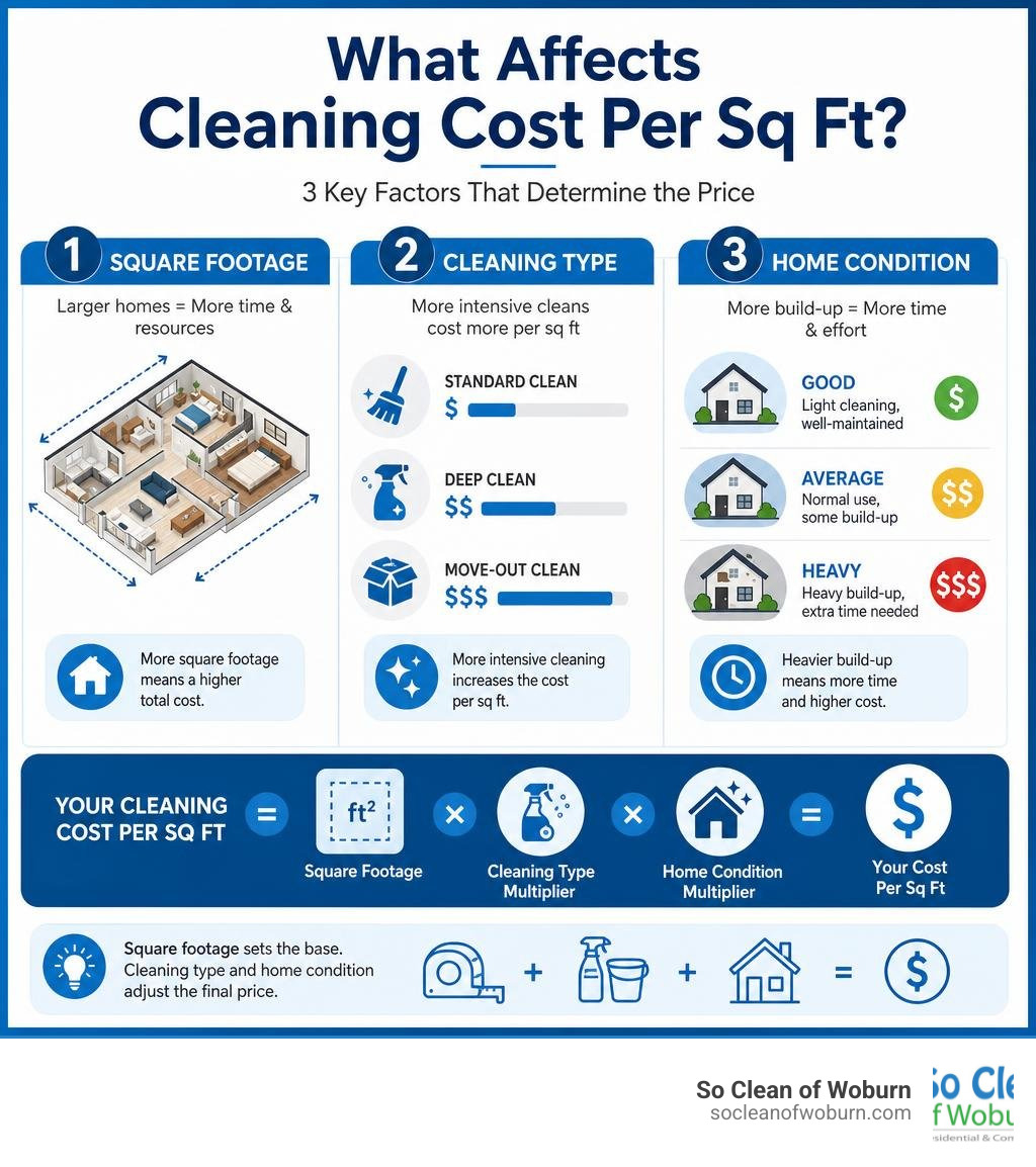 Infographic showing how square footage, cleaning type, and home condition affect cleaning cost per square foot infographic Infographic showing how square footage, cleaning type, and home condition affect cleaning cost per square foot infographic