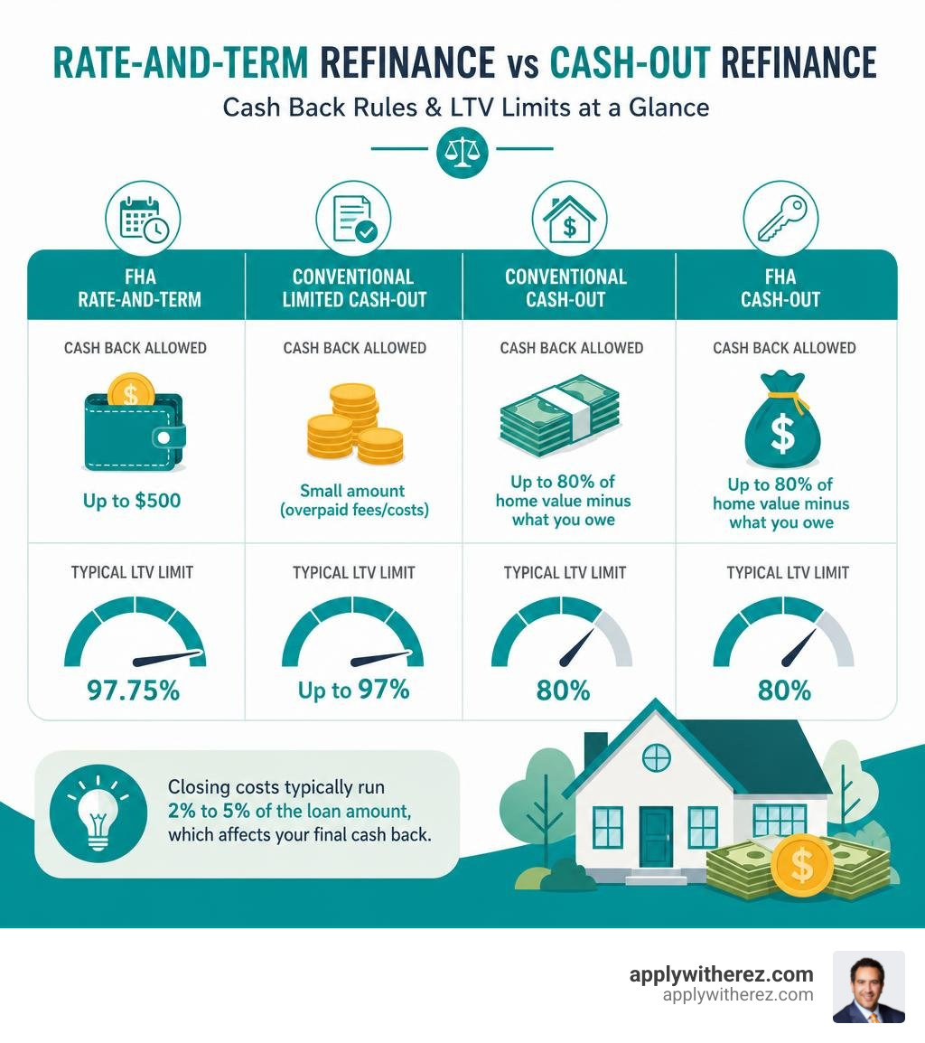Infographic comparing rate-and-term refinance vs cash-out refinance cash back rules and LTV limits infographic Infographic comparing rate-and-term refinance vs cash-out refinance cash back rules and LTV limits infographic