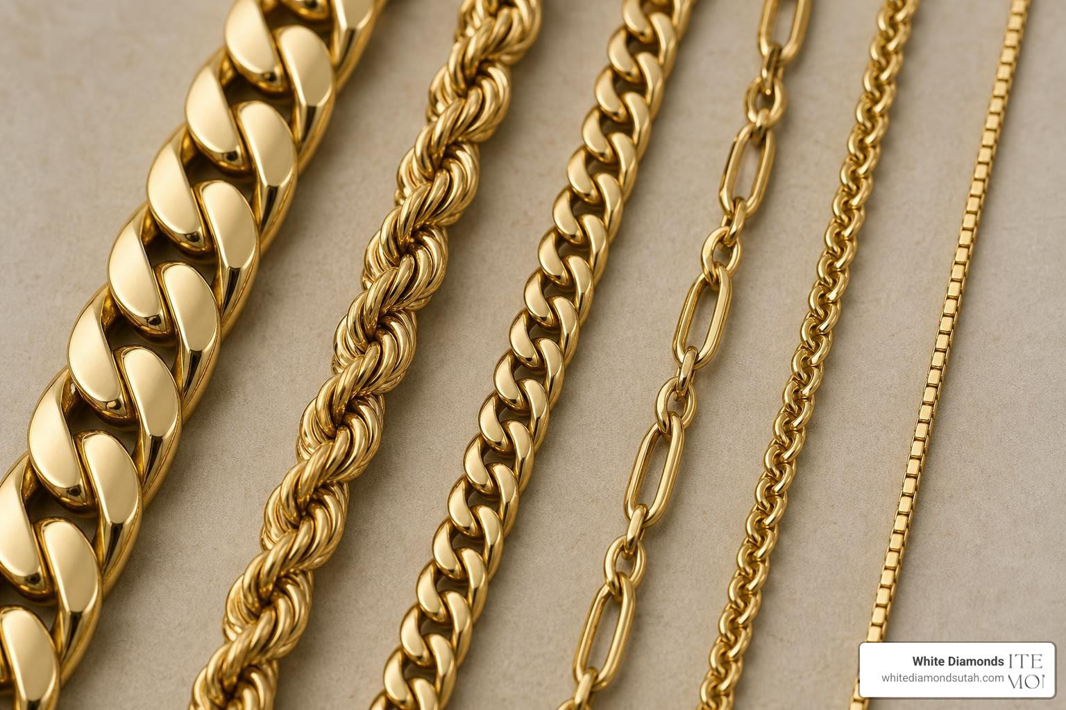Different gold chain link styles showing Cuban rope and curb links Different gold chain link styles showing Cuban rope and curb links