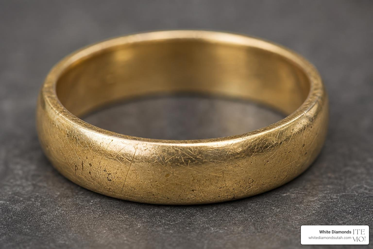 A close-up of a scratched and worn men's wedding band needing repair A close-up of a scratched and worn men's wedding band needing repair