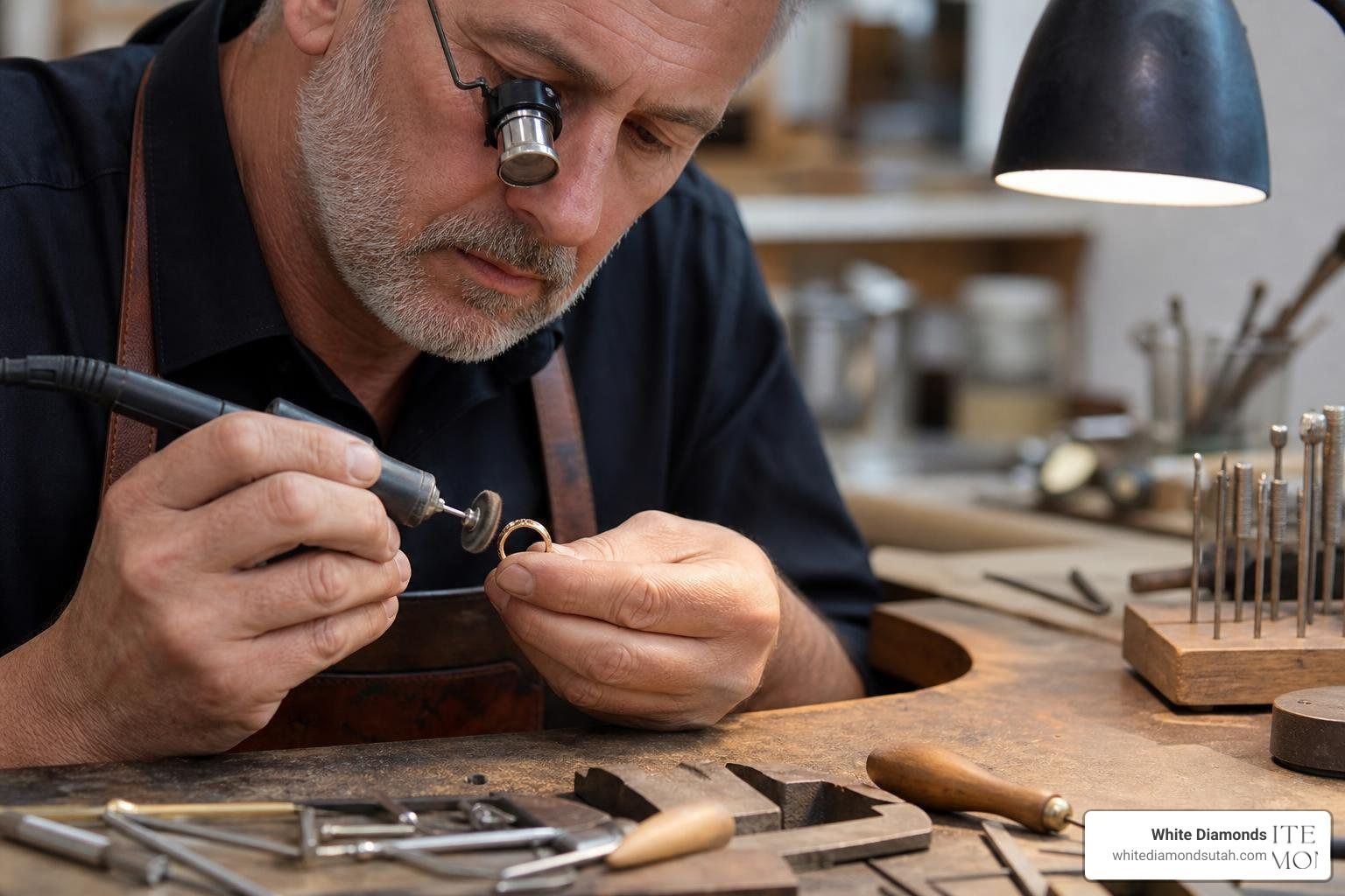 A master jeweler carefully polishing a gold wedding band at a workbench A master jeweler carefully polishing a gold wedding band at a workbench