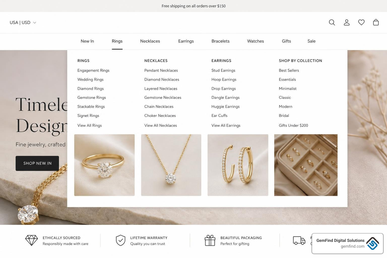 Clean jewelry website mega menu showing clear categorization Clean jewelry website mega menu showing clear categorization