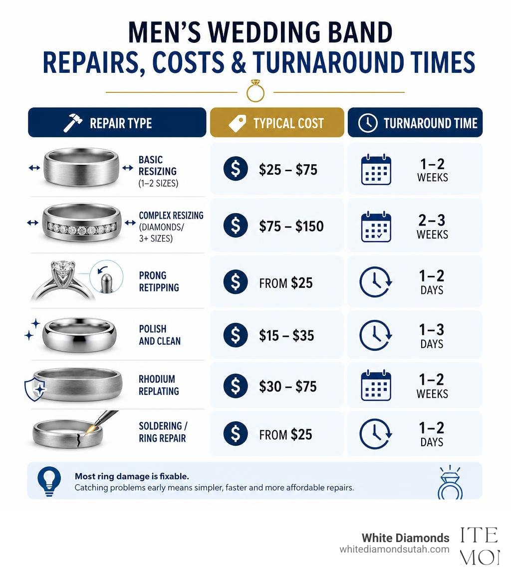 Infographic showing common men's wedding band repairs, costs, and turnaround times infographic Infographic showing common men's wedding band repairs, costs, and turnaround times infographic