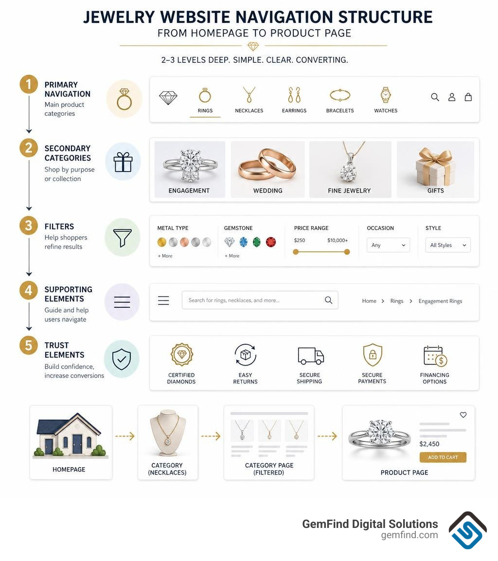 Jewelry website navigation structure layers from homepage to product page with filters and trust signals infographic Jewelry website navigation structure layers from homepage to product page with filters and trust signals infographic