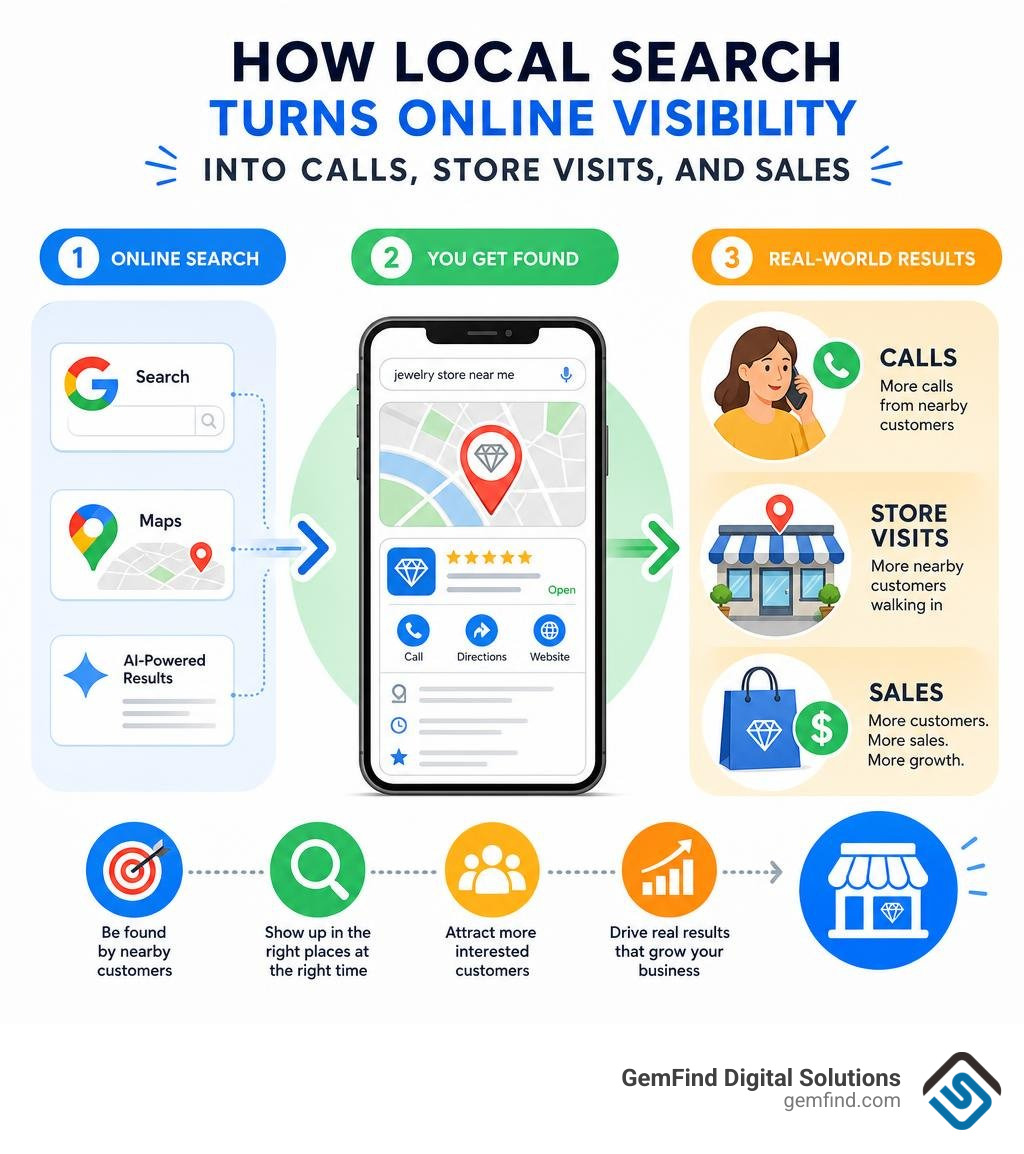 Infographic showing how local search turns online visibility into calls, store visits, and sales infographic