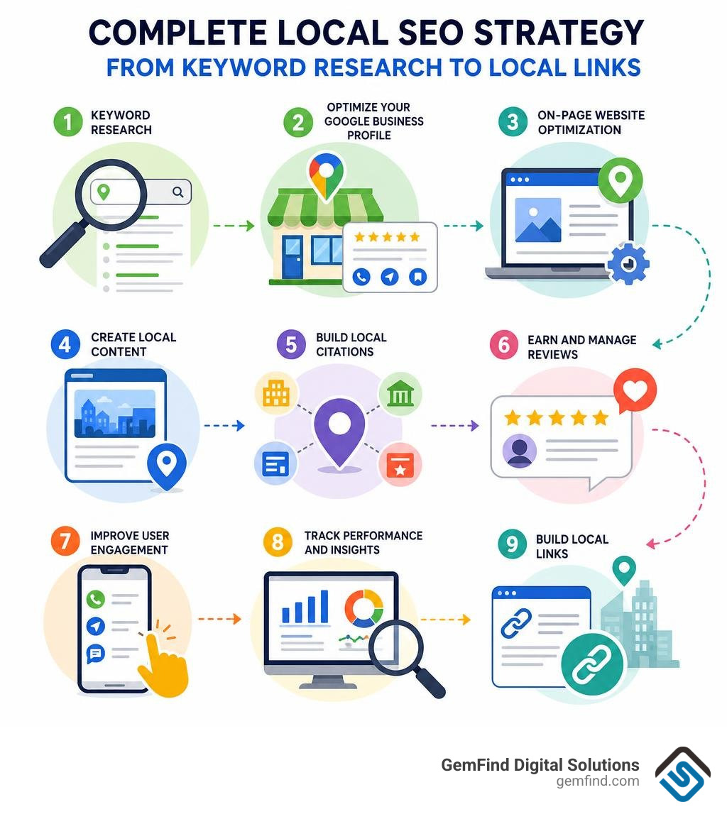 Infographic detailing a complete local SEO strategy from keyword research to local links infographic