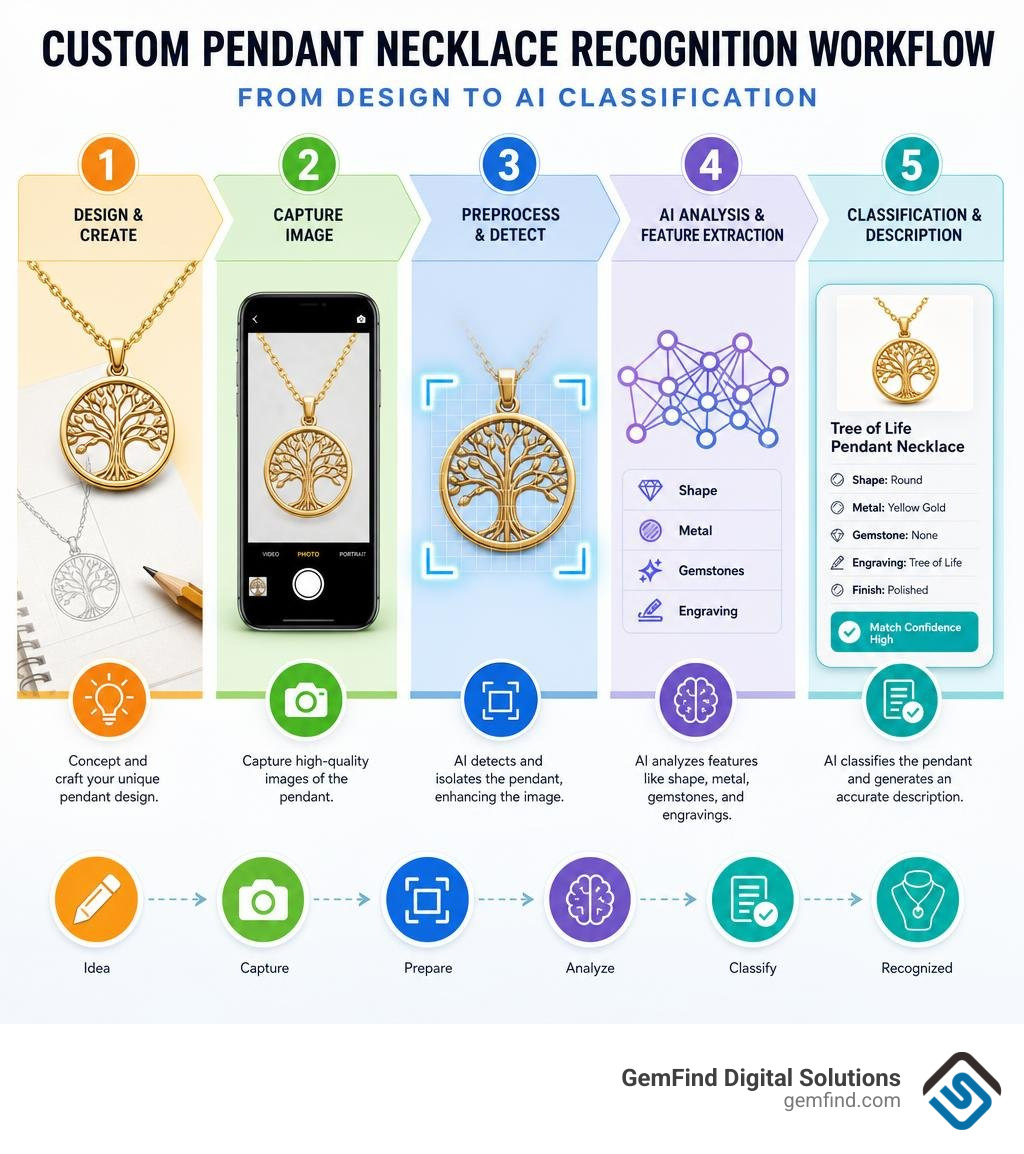 Custom pendant necklace recognition workflow from design to AI classification infographic infographic