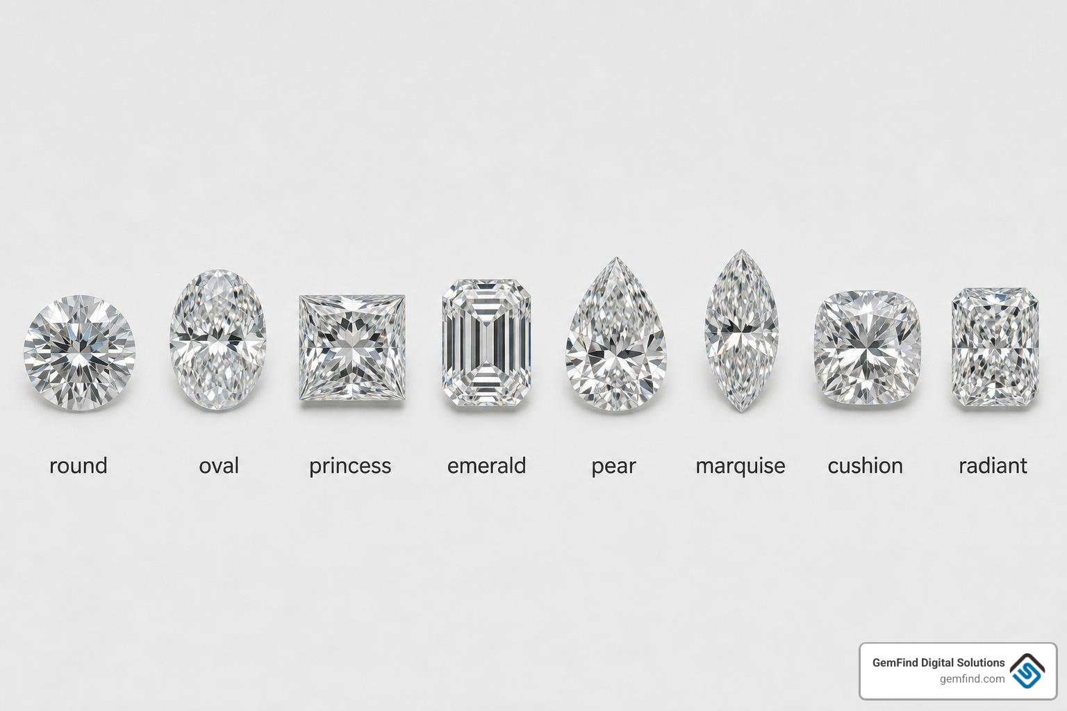 Various diamond shapes labeled round, oval, princess, emerald, pear, marquise, cushion, radiant