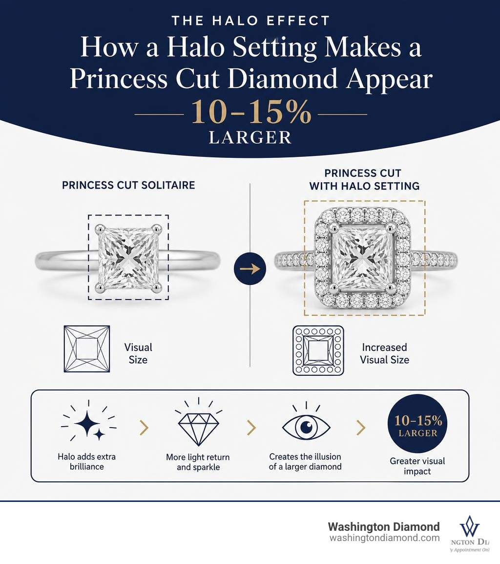 Infographic showing how a halo setting makes a princess cut diamond appear 10-15% larger with labeled diagram infographic Infographic showing how a halo setting makes a princess cut diamond appear 10-15% larger with labeled diagram infographic