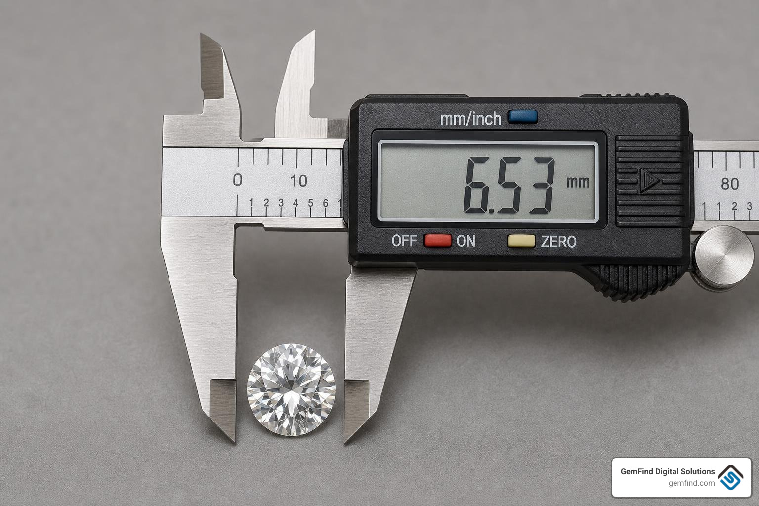 diamond carat weight calculator with digital calipers measuring loose diamond