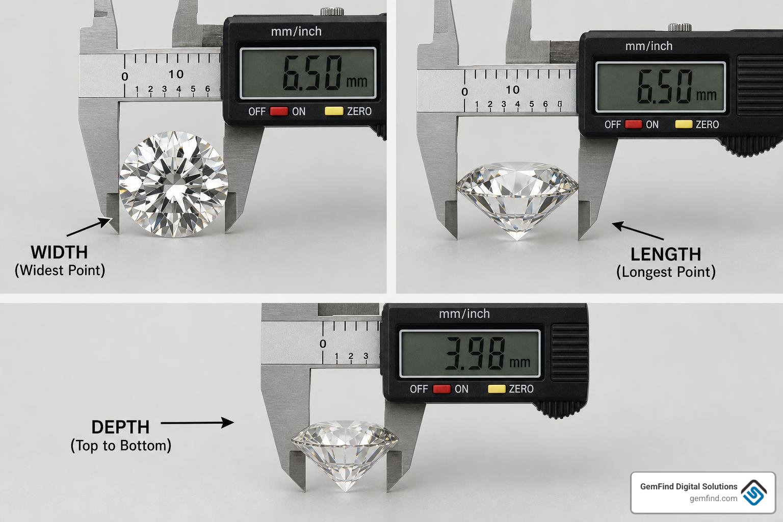 Measurement points for length, width, and depth on a diamond