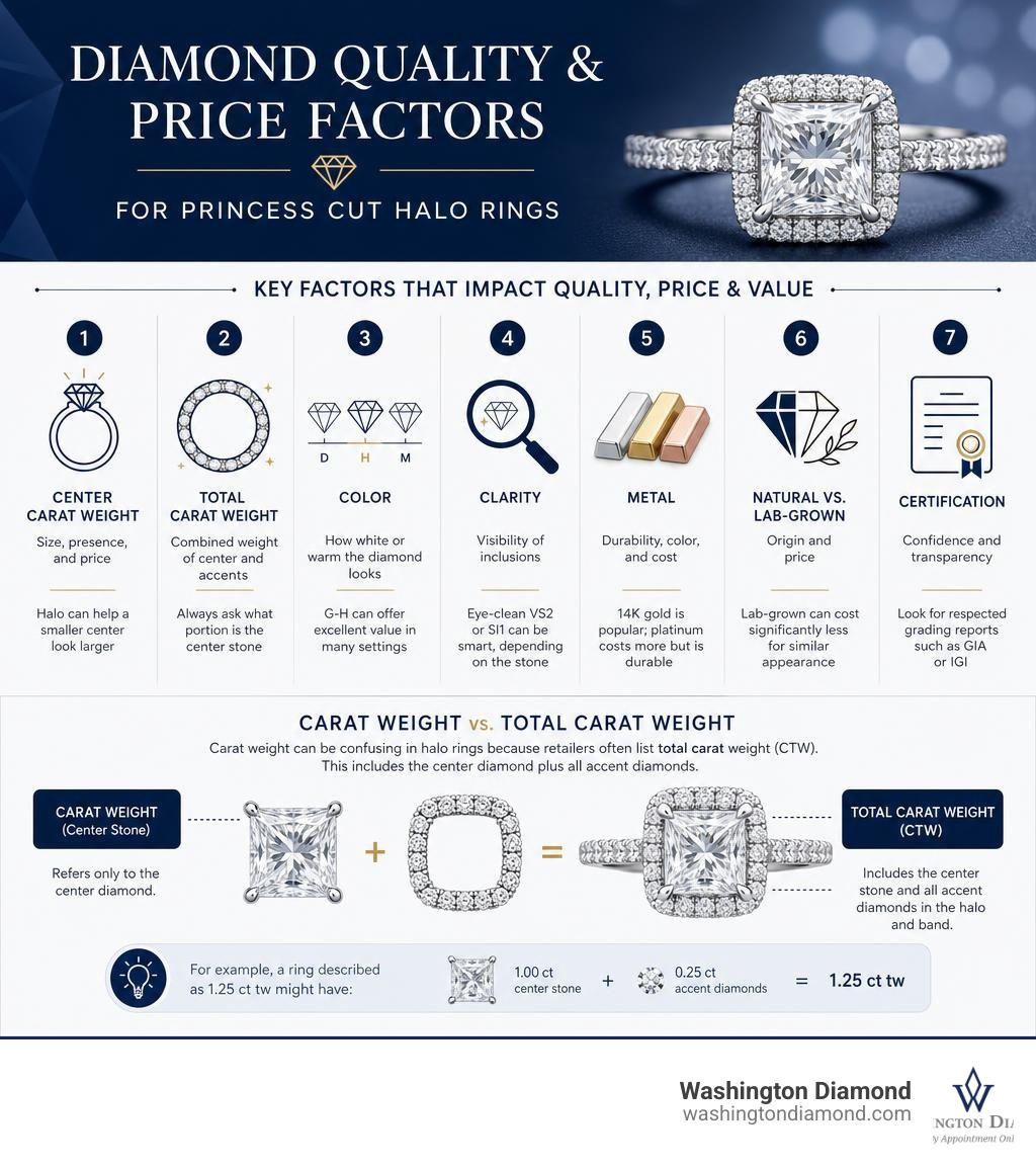 diamond quality and price factors for princess cut halo rings infographic diamond quality and price factors for princess cut halo rings infographic
